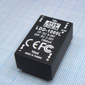 LDD-1000L, DC/DC LED понижающий, вход 6…36В, выход 2…30В/1А, КПД до 95%, вход On/Off/DIMM, 31.8x20.3x12.2мм, DIP, -40…71°C, пластик