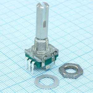 EC11B152442D (STEC11B03), Энкодер EC11, 30 щелчков, 15 импульсов, металлический вал под шлиц 25мм, с кнопкой, крепление на гайку 7мм, горизонтальные выводы