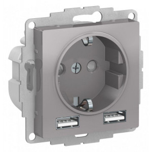 Розетка 1-м СП AtlasDesign 16А IP20 с 2-мя заряд. устройствами USB тип A+A 5В/2.4А 2х5В/1.2А механизм алюм. SE ATN000330