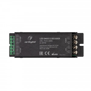 Декодер ARL-7022-DMX (12-24V, 1x25A, DMX512) 027152, Декодер сигнала DMX512 в ШИМ (PWM). Напряжение питания DC 12-24V, 1 канал управления, ток нагрузки до 25А, максимальная мощность 300-600W, винтовые клеммы. Адреса устанавливаются DIP-переключателями на корпусе. Габариты 127х42х33 мм.