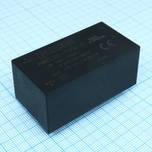 AMEL20-15SCJZ, AC/DC, 20Вт, вход 85…264В, выход 15В/1.3А, изоляция 3000В AC, КПД 83%, максимальная емкостная нагрузка не более 2700мкФ, 53.8x28.8x23.5мм, -20…75°C, пластик