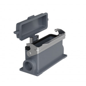 Закрытое основание разъема H24B-SM-1L-PC-M20, Основание разъема на панель, закрытое, типоразмер 24B, с уплотнителем, 1 отверстие с резьбой для кабельных вводов M20x1,5, с одной металлической защелкой, с пластиковой защитной крышкой, материал корпуса: алюминиевый сплав