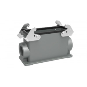 Закрытое основание разъема D24B-SFH-2L-PG21, Основание разъема на панель, закрытое, типоразмер 24B, высокое исполнение, с уплотнителем, 1 отверстие с резьбой для кабельных вводов PG21, с двумя защелками, без защитной крышки, материал корпуса: алюминиевый сплав