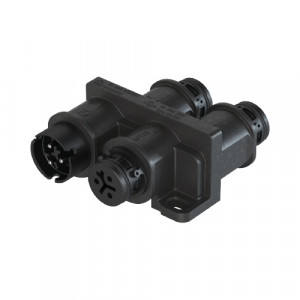 Распределительное устройство RST08i3VL3P1HF V SW, Распределительное устройство (тройник), 1 вход/3 выхода, 3 полюса, параллельное соединение, с продольным уплотнением, с монтажными фланцами, номинальные характеристики: 250/400V, 16A, цвет корпуса: черный, цвет контактной вставки: черный, серия RST MICRO