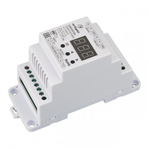 Конвертер SMART-K37-DMX (12-24V, SPI, DIN, 2.4G) 028410, Конвертер сигнала DMX512 в SPI. Вход - DMX512+RF 2.4GHz, выход SPI (TTL), напряжение питания DC 12-24V. Максимально 1024 пикселей, 1 выходной порт. На корпусе цифровой монитор. Габариты 110х67х48 мм. Совместим с пультами SMART. Для использования на DIN-ре