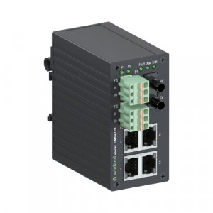 Коммутатор WIENET UMS 4-1FM, Коммутатор серии WieNet, неуправляемый, 4 порта RJ45 скорость передачи 10/100 MBit/s, FOC порт 1x ST (multi mode), номинальное напряжение: 9-30 VDC, монтаж: на DIN рейку, материал корпуса: алюминий