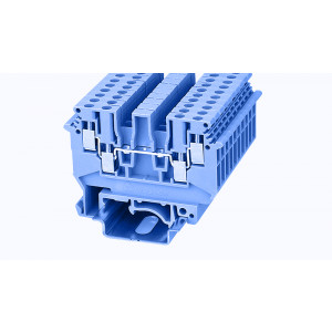 PCDK2.5-01P-12-00Z(H), Проходная клемма, 4 точки подключения, тип фиксации провода: винтовой, номинальное сечение: 2.5 мм кв., 24A, 500V, ширина: 5,2 мм, цвет: синий, зажимная клетка - латунь, винтовая перемычка, тип монтажа: DIN35
