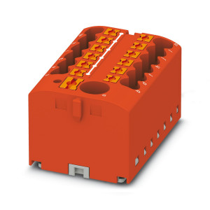 Распределительный блок JUT15-6-18x2.5-RD, Распределительная клемма, 18 точек подключения, тип фиксации провода: Push-in, номинальное сечение: 2,5 мм кв., 690V, 41A, цвет: красный, тип монтажа: DIN35
