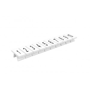 Маркировка (полоска) 305801/1...10, Маркировочные шильдики, для клемм сечением 2,5 мм.кв., боковая / верхняя, 10 шильдиков, нанесенные символы: 1...10, с горизонтальным расположением, размер шильдика: 5,2 x 10,5 мм, цвет: белый