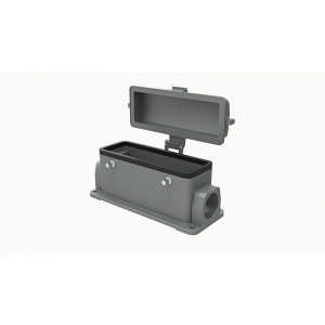 Закрытое основание разъема D24B-SF-4g-CV-2M25, Основание разъема на панель, закрытое, типоразмер 24B, с уплотнителем, 2 отверстия с резьбой для кабельных вводов M25x1,5, без защелок (упоры для двух защелок), с защитной крышкой, материал корпуса: алюминиевый сплав