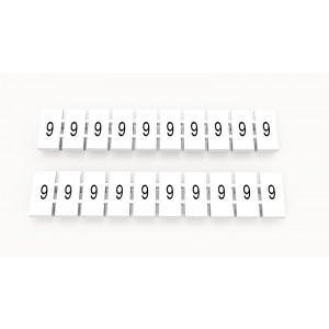 ZB5-10P-19-17Z(H), Маркировочные шильдики для клемм WS…, DC…, PC…, сечением 2,5 мм кв., центральная, 10 шильдиков, нанесенные символы: 9 с вертикальным расположением, размер шильдика: 4,55х10,7 мм, цвет белый