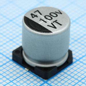 VT470M2ABKJ1010VBK, Конденсатор алюминиевый электролитический 47мкФ 100В ±20% (10х10.5мм) для поверхностного монтажа 140мА 2000час 105°С лента на катушке