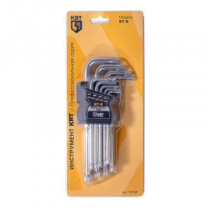 Набор ключей TORX КТ-9 (Т10-Т50) серия KBT-PROFESSIONAL, предназначен для монтажа крепежных изделий с внутренним профилем TORX, в том числе и в антивандальном исполнении, в наборе 9 ключей с типоразмерами Т10/T15/T20/T25/T27/T30/T40/T45/T50