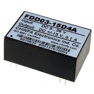 FDD03-15D4A, DC-DC, 3Вт, вход 9…36В, выход ±15В/100мА, изоляция 1500В DC, remote on/off, корпус DIP24, 31.8х20.3х12.7мм, -40°С…+71°С