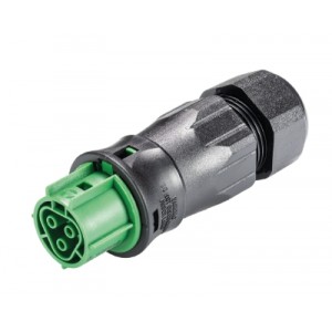 Разъем RST20I3 96.031.4555.7, Розеточный разъем на кабель диам. 13-18 мм, IP68(69k), 3 полюса, винтовая фиксация провода, номинальные характеристики: 250/400V, 20A, цвет контактной вставки: зеленый, цвет корпуса: черный, серия RST Classic
