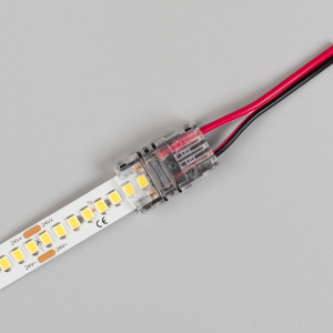 Коннектор HIP-MONO-10mm-2pin-STW-HD 042069, Одиночный коннектор (без провода) для подключения питания к открытым IP20 светодиодным одноцветным лентам шириной 10 мм с высокой плотностью светодиодов. Материал - прозрачный пластик. Обеспечивает соединение без видимых разрывов