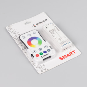 INTELLIGENT ARLIGHT Диммер SMART-SET-PWM-104-52-RGBW-SUF White (12-24V, 4x4A, ПДУ RING 10кн, 2.4G) 036187, Комплект диммер с пультом для RGBW светодиодной ленты (ШИМ). Питание/рабочее напряжение контроллера 12-24VDC, максимальный ток 4A на канал, 4 канала, максимальная мощность 192-384W. Питание пульта 3VDC (CR2032). Сихронизация с аналогичными контроллерами д