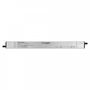 Блок питания ARPV-LG24160-LINEAR-PFC (24V, 6.7A, 160W) 034890, Источник напряжения с гальванической развязкой для светодиодных изделий. Входное напряжение 220-240 VAC. Выходные параметры: 24 В, 6.7 А, 160 Вт. Встроенный PFC >0.95. Тонкий металлический корпус IP67. Вход: 220-240VAC. Выход: 24VDC. Размер 350х30х21 mm..