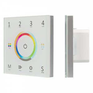 Панель Sens SMART-P67-MULTI White (230V, 4 зоны, 2.4G) 028321, Встраиваемая сенсорная панель 2.4 ГГц, цвет белый. Материал - стекло. Для управления RGB+MIX (5-канальными) источниками света (ШИМ), 4 зоны управления. Питание/рабочее напряжение AC 85-265V. Функция управления DMX512 устройствами. Габариты 86х86х36 мм. Па