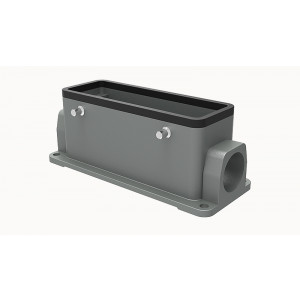 Закрытое основание разъема D24B-SF-4g-2PG21, Основание разъема на панель, закрытое, типоразмер 24B, с уплотнителем, 2 отверстия с резьбой для кабельных вводов PG21, без защелок (упоры для двух защелок), без защитной крышки, материал корпуса: алюминиевый сплав