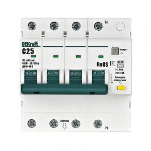 Выключатель автоматический дифференциального тока (АВДТ) 3P+N 25А 30мА A х-ка C ДИФ-103 6кА DEKraft 16430DEK