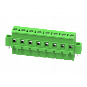 Розеточный разъем на кабель MC-RE7.62V02C-K-0001, Розеточный разъем, угловой, на кабель, шаг: 7.62 мм, 2 полюса, фиксация провода винтовая, исполнение: с монтажными фланцами, 630V, 18A, цвет: зеленый
