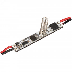 Микродиммер SMART-D13-H20-DIM (12-24V, 1x3A, Sens) 031620, Диммер для монохромной светодиодной ленты (ШИМ), встраиваемый в алюминиевый профиль. Питание/рабочее напряжение 12-24VDC, максимальный ток 3A на канал, 1 канал, максимальная мощность 36-72W. Габариты 50x8x20 мм, высота пружины 20 мм. Включение/выключение