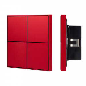 INTELLIGENT ARLIGHT Кнопочная панель KNX-304-23-IN Rose Red (BUS, Frameless) 039664, Универсальная многофункциональная встраиваемая настенная панель для систем KNX. 4 рокерные клавиши, 1 клавиша может выполнять функции 2-х клавиш. Безрамочный корпус, материал - алюминий, отклик вибрацией, светодиодная индикация. Цвет корпуса - розово-крас