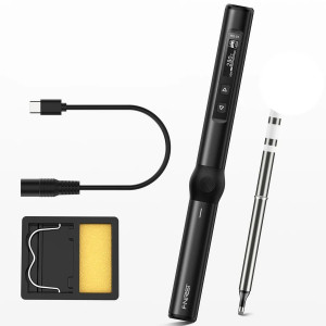 Паяльник FNIRSI HS-01 black, Мощный компактный паяльник с цифровой регулировкой температуры и сменными жалами, питании 12-24V, 65W при питании по протоколу PD и 90W при отдельном источнике 24V, комплект 1 сменное жало HS01-BC2 (T65), кабель-переходник  DC5.5*2.5 - USB Type-C, подстав