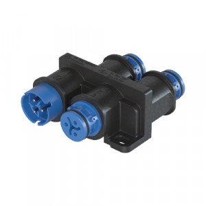 Распределительное устройство RST08i3VL3P1HF V BL, Распределительное устройство (тройник), 1 вход/3 выхода, 3 полюса, параллельное соединение, с продольным уплотнением, с монтажными фланцами, номинальные характеристики: 250/400V, 16A, цвет корпуса: черный, цвет контактной вставки: голубой, серия RST MICRO