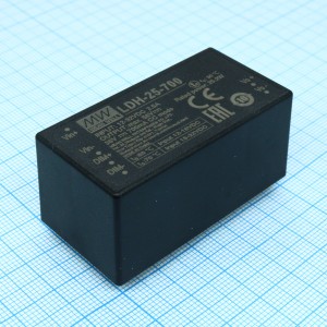 LDH-25-700, DC/DC LED понижающий, вход 9.5…32В, выход 12.5…36В/0.7А, КПД до 95.5%, вход DIMM 2 in 1, 52.4x27.2x24мм, DIP, -40…70°C, пластик