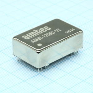 AM3T-1205D-VZ, DC/DC, 3Вт, вход 9…18В, выход ±5В/±0.3А, изоляция 1500В DC, КПД 76%, максимальная емкостная нагрузка не более ±1000мкФ, DIP24, 31.75x20.32x10.16мм, -40…85°C, металл