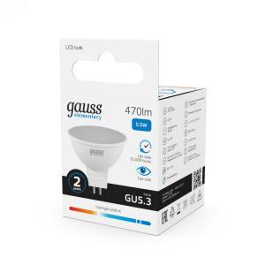 Лампа светодиодная LED 5.5 Вт 470 лм 6500К AC180-240В GU5.3 софит MR16 холодная  Elementary Gauss 13536