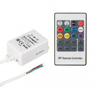 Контроллер LN-RF20B-J (12V, 72W, ПДУ 20кн) 011884, RGB-контроллер с RF (радиоуправление) пультом 20 кнопки. 6 динамических, 8 статических программ, скорость, яркость. Питание 12-24VDC, макс.ток 3х2A, мощность 72-144W. Габариты 63x35x22 мм. Дальность пульта 10-15м.