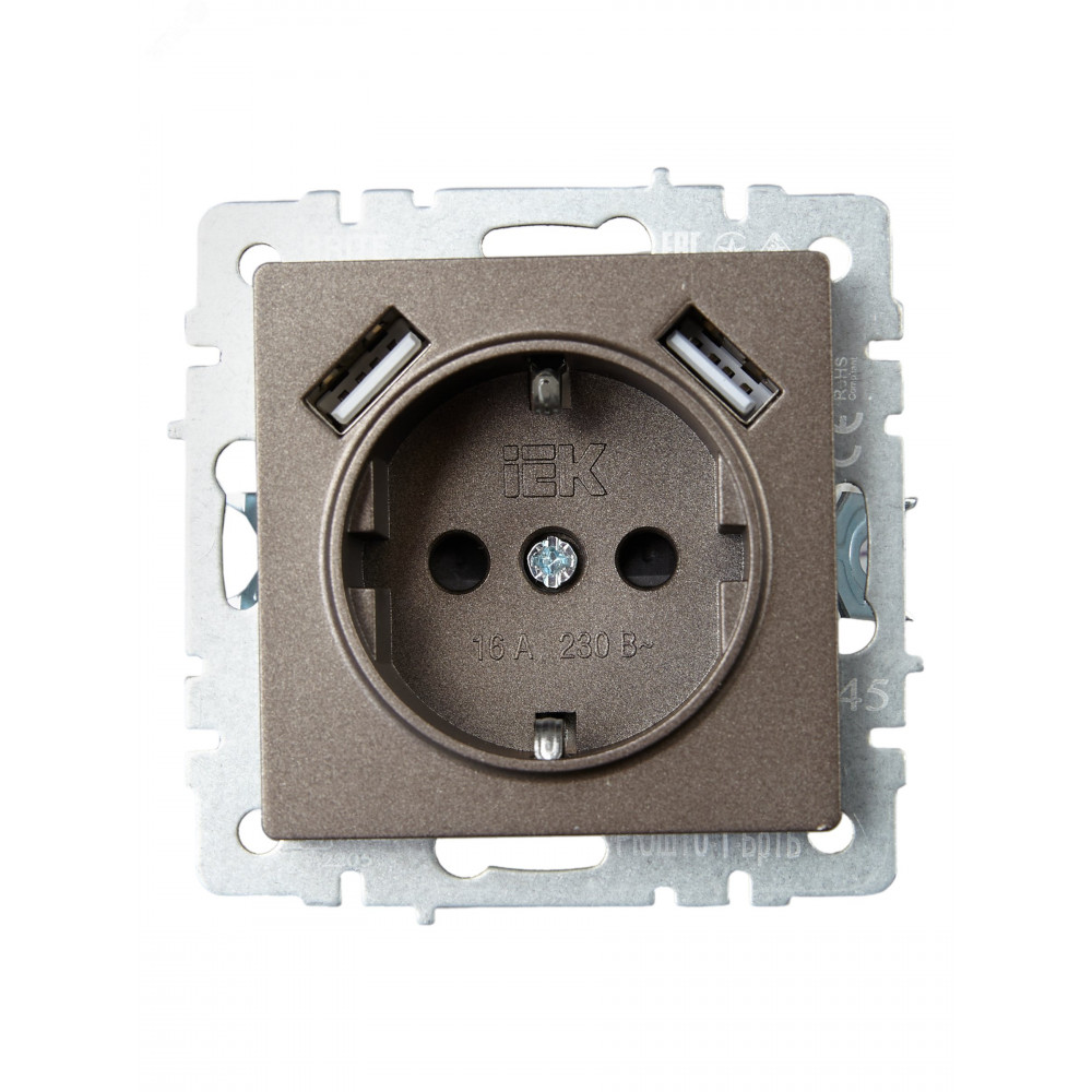 Изображение товара Розетка с USB и заземлением серия BRITE в темной бронзе IEK