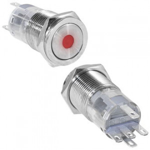 LAS2GQPF-11ZD/R/N ON-ON, Кнопка антивандальная металлическая с фиксацией с точечной красной подсветкой, 3А 250В, резьба М16