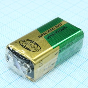 6F22, Zn, MnO2, батарея типоразмера 6F22, 9 В, 310 мАч, стандартная форма, -20...60 °C