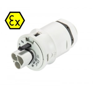 Вилочный разъем в панель EX RST20I3FXS2 M00V GL, Взрывозащищенный вилочный разъем в панель, М20, IP68(69k), 3 полюса, пружинная фиксация провода, номинальные характеристики: 250V+РЕ, 20A, цвет: белый, серия RST Ex