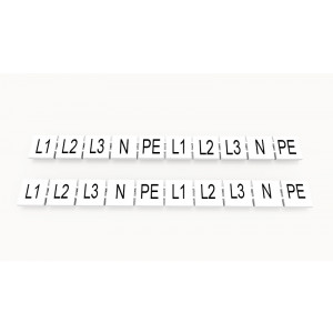 Маркировка (в кассетах) ZB10-10P-19-89Z(H), Кассета с маркировочными шильдиками, для клемм сечением 10 мм.кв., верхняя, 10 шильдиков, нанесенные символы: L1 L2 L3 N PE L1 L2 L3 N PE, с вертикальным расположением, размер шильдика: 9,3 x 10,7 мм, цвет: белый