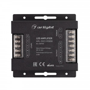Усилитель ARL-5022-RGBW (12-24V, 4x8A, 384-768W) 027141, 4-х канальный RGBW усилитель для контроллеров (12-24VDC). Питание 12-24VDC. 4 канала, ток нагрузки 4x8A, мощность нагрузки 384-768W. Размер 94x92x26 мм.