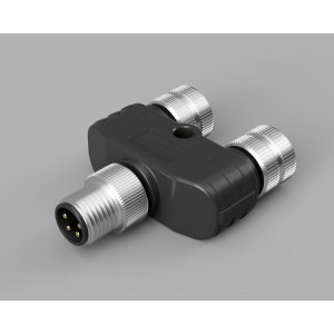 Распред. устройство FY-M8A-04M-M8A-04F-T-0100, Распределительное устройство, Y-образное, 4 полюса, 1 вход (вилка) / 2 выхода (розетка), M8, A-Code, 3A, 60V, пластик