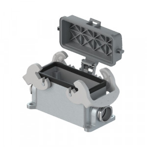 Закрытое основание разъема BAS GUT GF 24 M25 69 A0, Основание разъема на панель, закрытое, типоразмер 24B, с уплотнителем, 2 кабельных ввода M25x1,5, IP54, без защелок (упоры для двух защелок), с защитной крышкой, материал корпуса: алюминиевый сплав