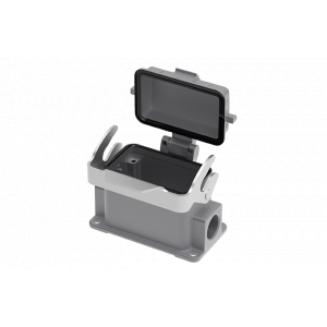 Закрытое основание разъема S10B-SM-1L.M-2M20-MC, Основание разъема на панель, закрытое, типоразмер 10B, с уплотнителем, 2 отверстия с резьбой для кабельных вводов M20x1,5, с одной защелкой, с защитной крышкой, материал корпуса: алюминиевый сплав