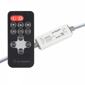 ARL-FINE-DIM BLACK, Диммер серии "MINI". В комплекте контроллер, 11кн RF ПДУ черного цвета. Напряжение питания 5-24VDC, ток нагрузки 1x5A. Питание ПДУ 3V (CR2025). Габариты контроллера 50x10x6 (габариты провода 170x4x2), габариты пульта 35x85x7.