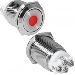 GQ19F-10ZD/R/N OFF-ON, Антивандальная кнопка металлическая с фиксацией с красной подсветкой, посадочная резьба М19, контакты под винт