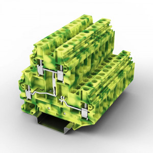 Заземляющая клемма UUK-4/2PE, Заземляющая этажная клемма, 2 этажа, тип фиксации провода: винтовой, номинальное сечение: 4 мм кв., ширина: 6,2 мм, цвет: желто-зеленый, тип монтажа: DIN35