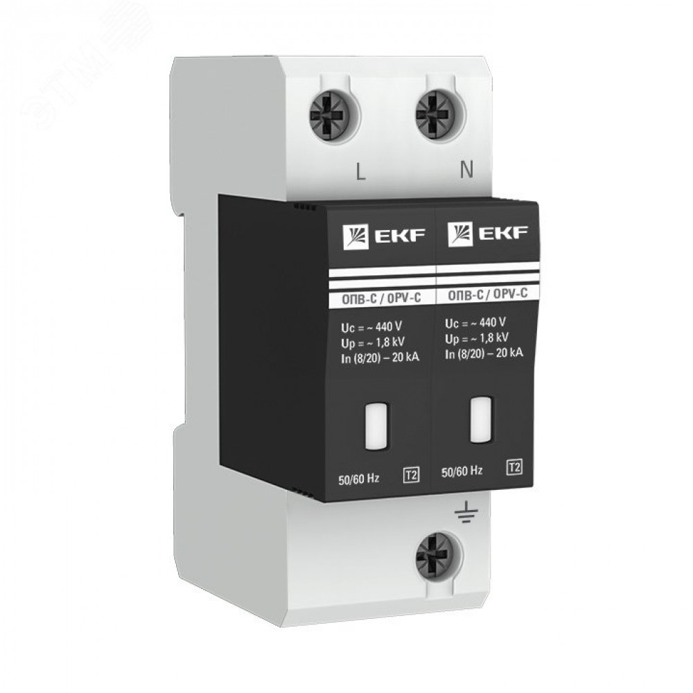 Изображение товара Ограничитель импульсных перенапряжений ОПВ-C 2P In 20кА 385В с сигнальной функцией EKF