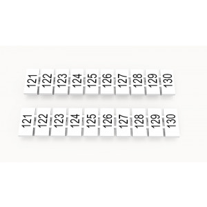ZB5-10P-19-832Z(H), Маркировочные шильдики для клемм WS…, DC…, PC…, сечением 2,5 мм кв., центральная, 10 шильдиков, нанесенные символы: 121-130 с горизонтальным расположением, размер шильдика: 4,55х10,7 мм, цвет белый