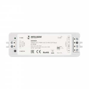 INTELLIGENT ARLIGHT Диммер SMART-SET-PWM-102-72-MIX-SUF Black (12-24V, 2x5A, ПДУ LINE, 2.4G) 036186, Комплект диммер с пультом для MIX светодиодной ленты (ШИМ). Питание/рабочее напряжение 12-24VDC, максимальный ток 5A на канал, 2 канала, максимальная мощность 120-240W. Габариты контроллера 97x33x18 мм, габариты пульта 139x36x11 мм. Держатель в комплекте.