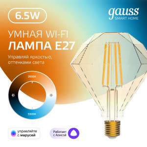 Лампа светодиодная филаментная Smart Home DIM+CCT E27 Diamond Golden 6,5 Вт 2000-5500 К 1/40 1370112
